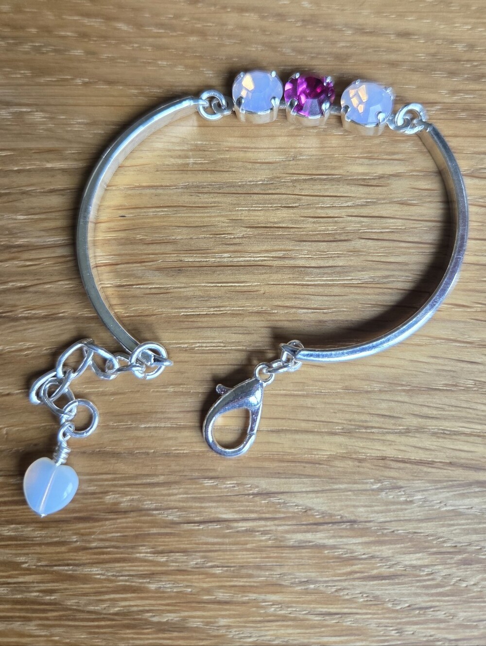 Silver Bar Bracelet with Two Pink Opal & One Fuschia Crystals, Hand Crafted - Picture 6 of 9